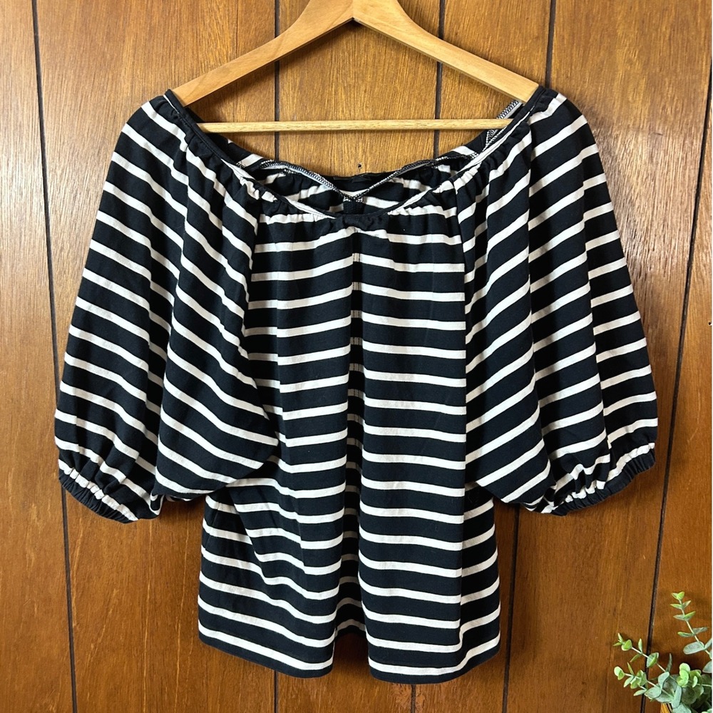 J. Crew Black White Striped Boat Neck 3/4 Sleeve Cotton Top Women's Large